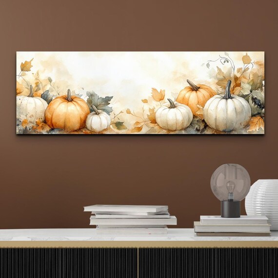 Watercolor Pumpkins White Orange Gourds Autumn Leaves Art Poster