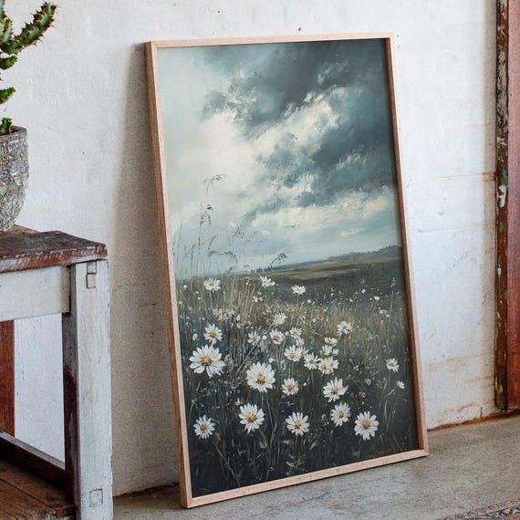 Stormy Sky Over Wild Daisies Moody Meadow Floral Canvas Wall Art For Natureinspired Home Decor