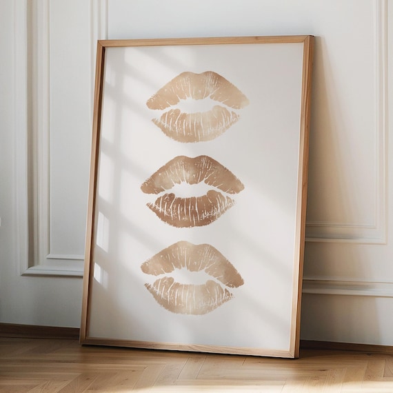 Beige Lipstick Kiss Marks Trio Trendy Makeup Kiss Art Poster