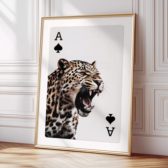 Leopard Roar Wall Art Print Retro Playing Card Decor Cheetah Trendy Apartment Vintage Gallery