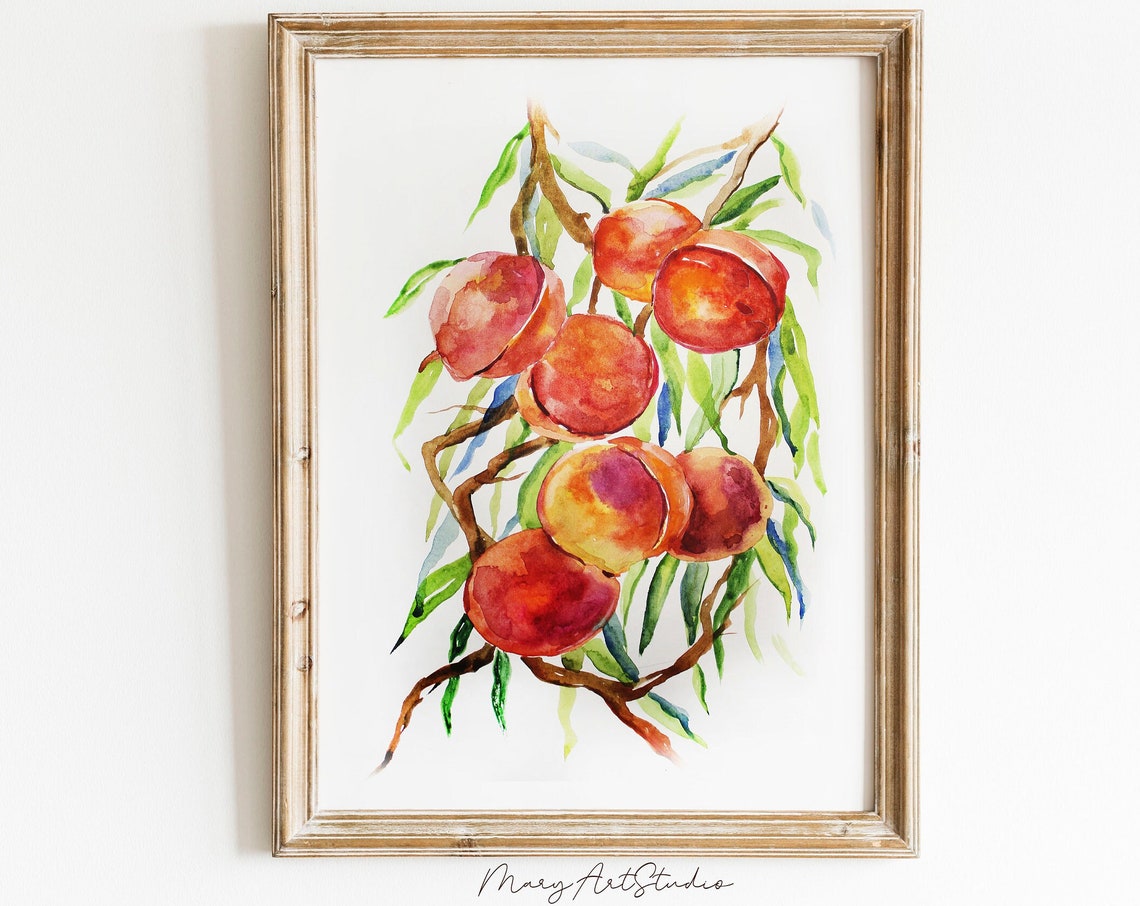 Juicy Ripe Peaches on Leafy Branch Watercolor Fruit Art Poster