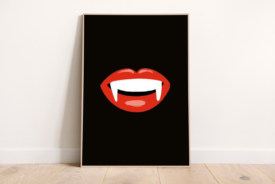 Fun Vampire Teeth Eclectic Halloween Decor Poster Dracula Fangs Wall Art Sexy Red Lips Instant Spooky Handdrawn Print