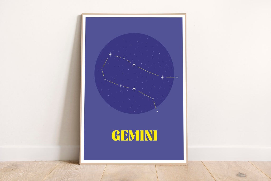 Gemini Zodiac Constellation Stars Yellow Blue Astrology Wall Art