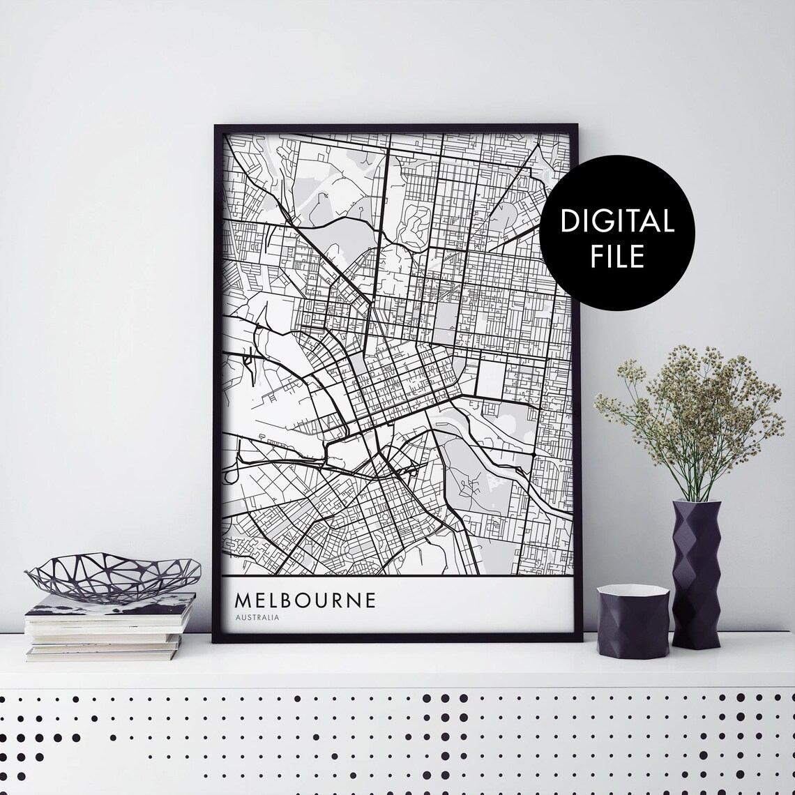 Melbourne Australia Black And White City Street Map Art Poster