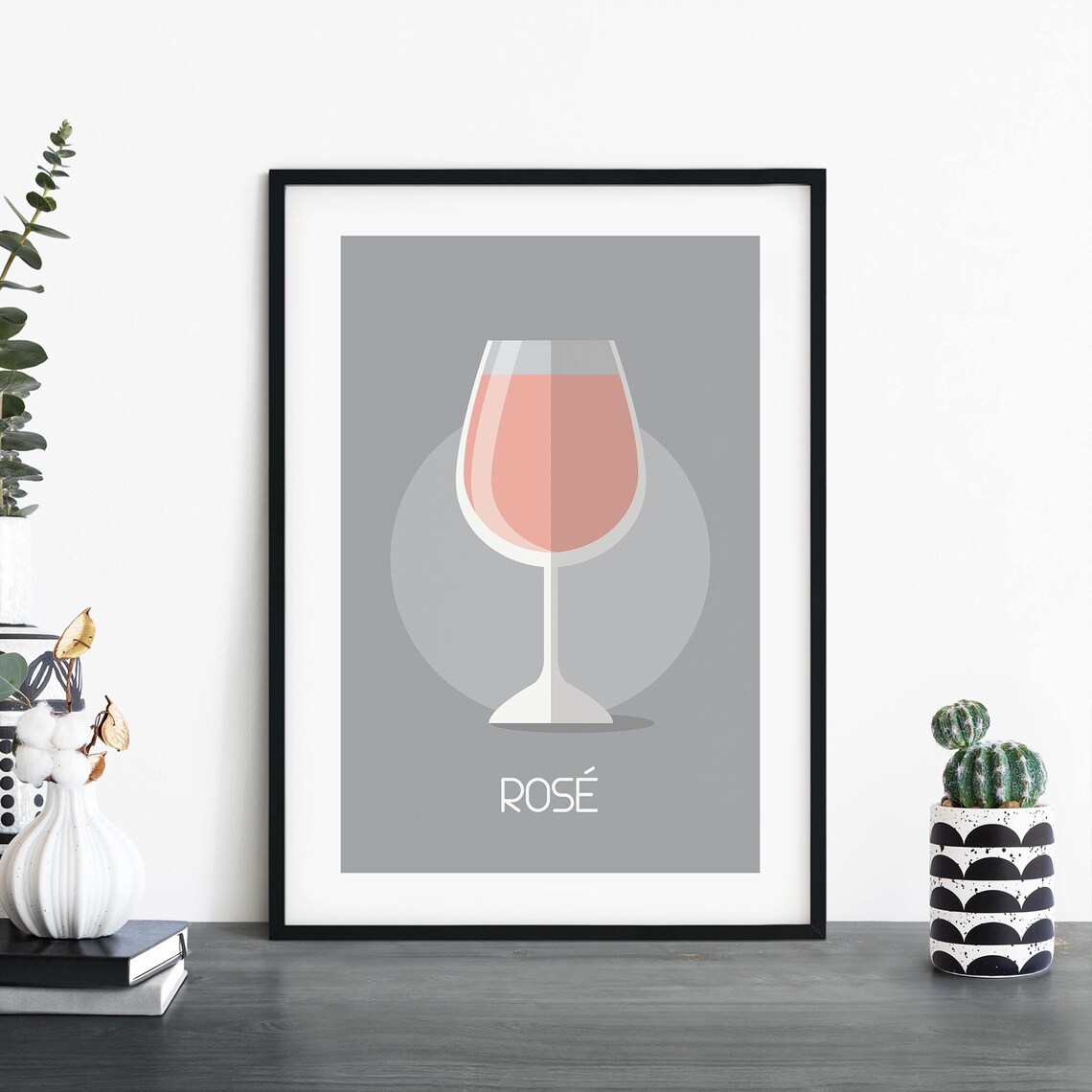 Rose Wine Glass Minimalist Flat Kitchen Bar Illustration Pink Art Poster