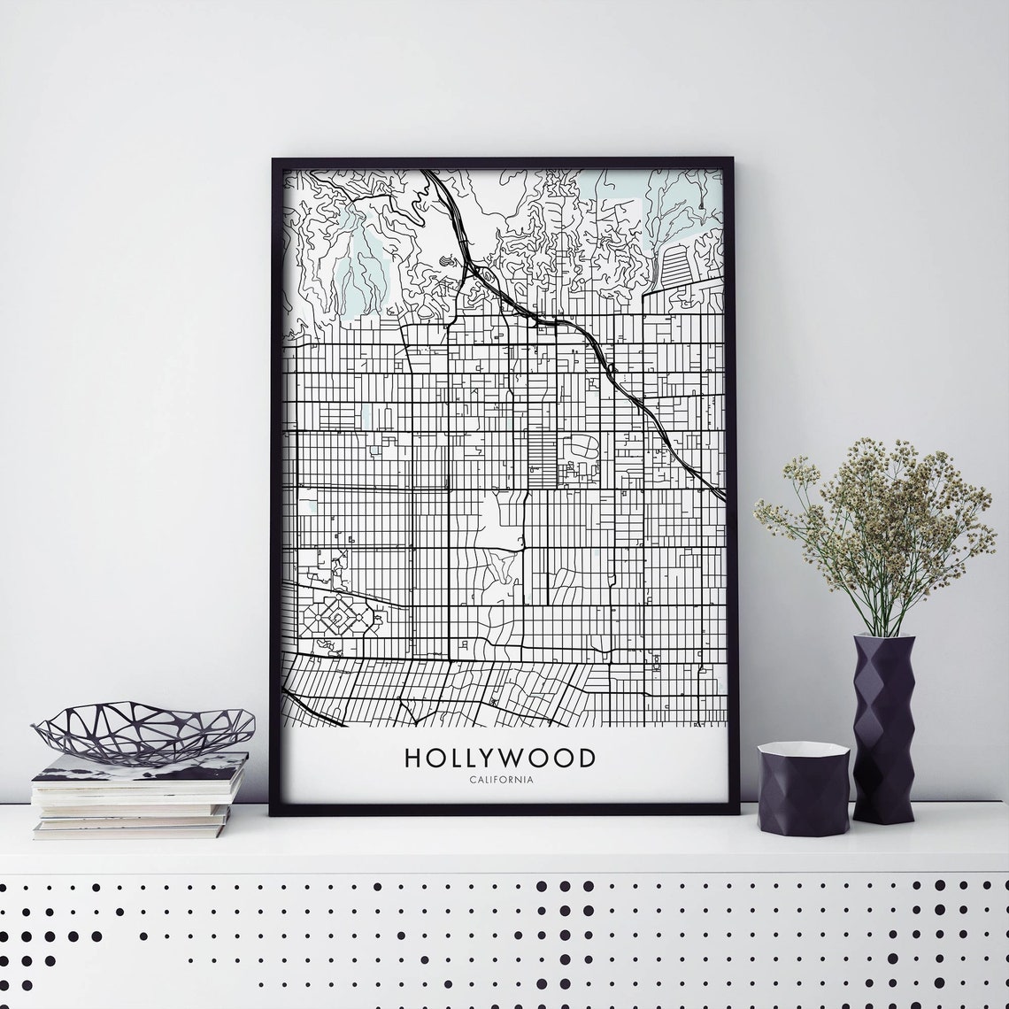 Hollywood California Minimalist Black and White City Map Poster