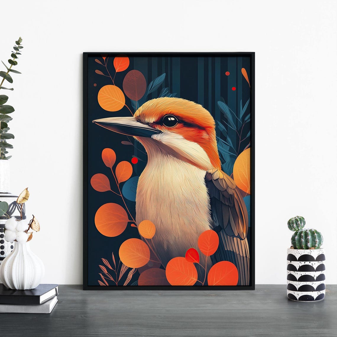 Kookaburra Profile Portrait With Orange Eucalyptus Leaves Bird Print