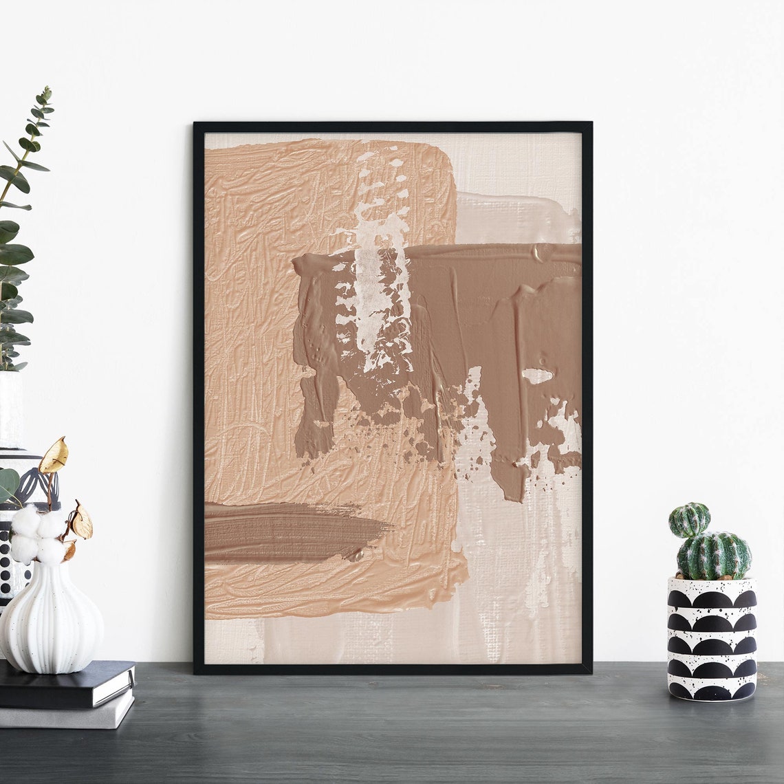Earthy Beige Textured Abstract with White Drip Modern Paint Poster