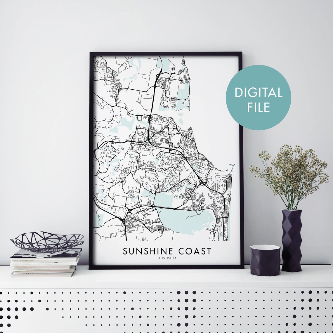 Sunshine Coast Australia City Street Map Teal Minimalist Poster
