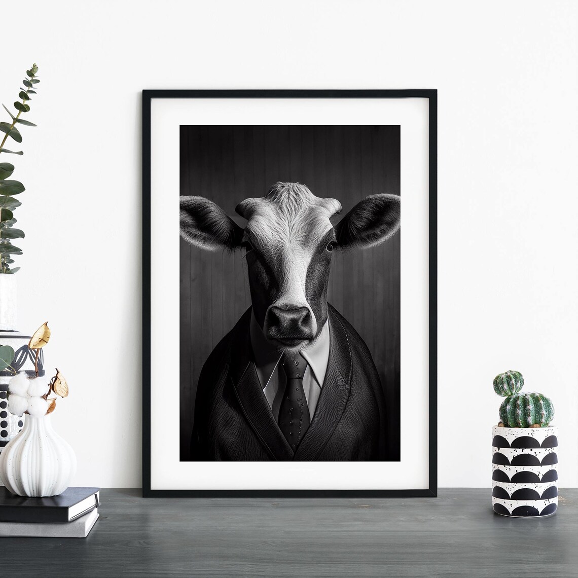 Cow In Suit Black White Portrait Dapper Gentleman Cow Poster