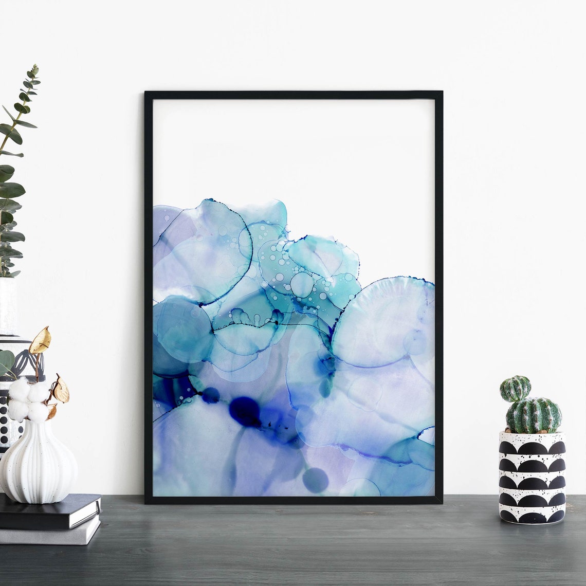 Blue Abstract Ink Wash Watercolor Blobs Modern Art Poster For Decor
