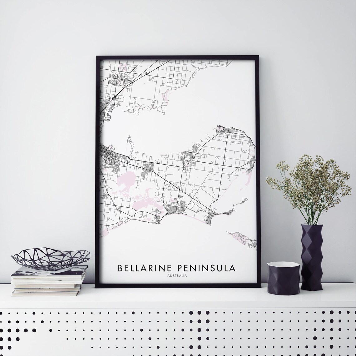 Bellarine Peninsula Australia Black White Map Poster With Pink Accents