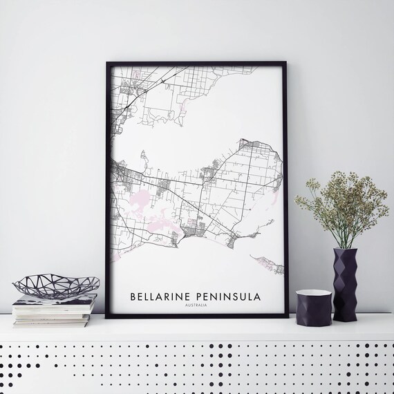 Bellarine Peninsula Australia Black White Map Poster With Pink Accents