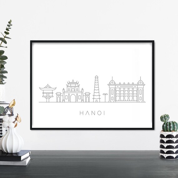 Hanoi Skyline Line Art Poster One Pillar Pagoda Vietnam Travel