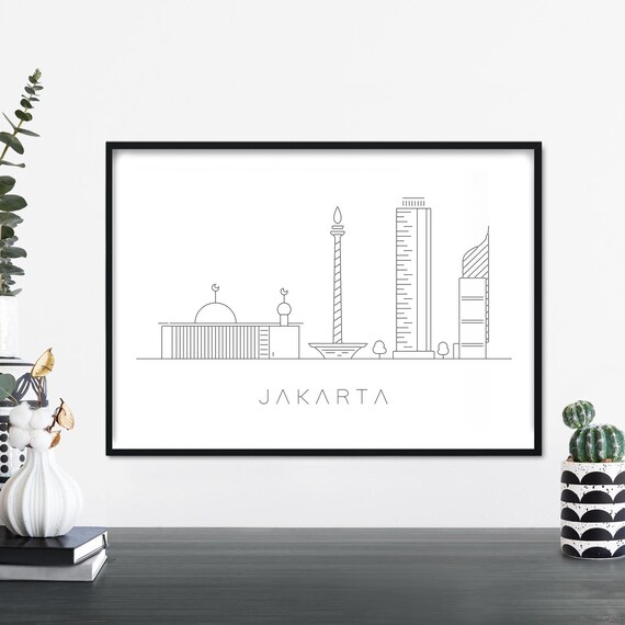 Jakarta Skyline Line Art Poster Indonesia Monas Towers Decor
