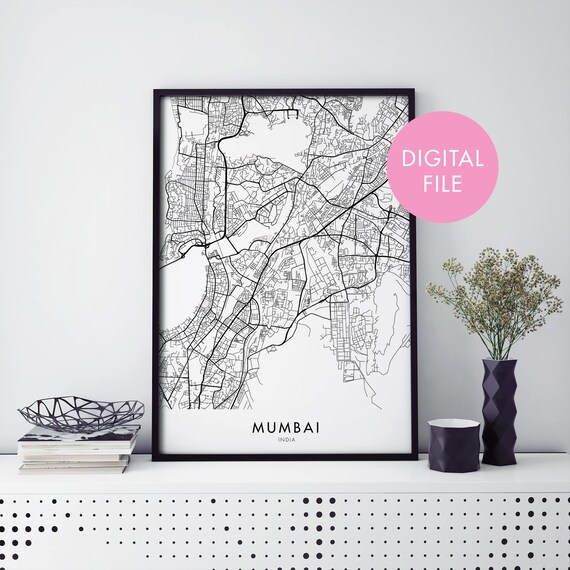 Mumbai India Monochrome City Map Instant Digital Download Poster