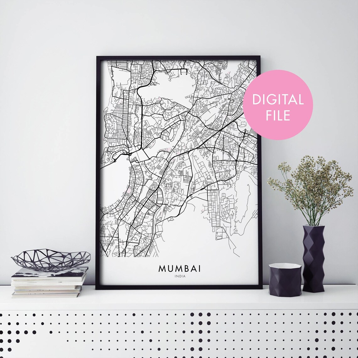 Mumbai India Monochrome City Map Instant Digital Download Poster