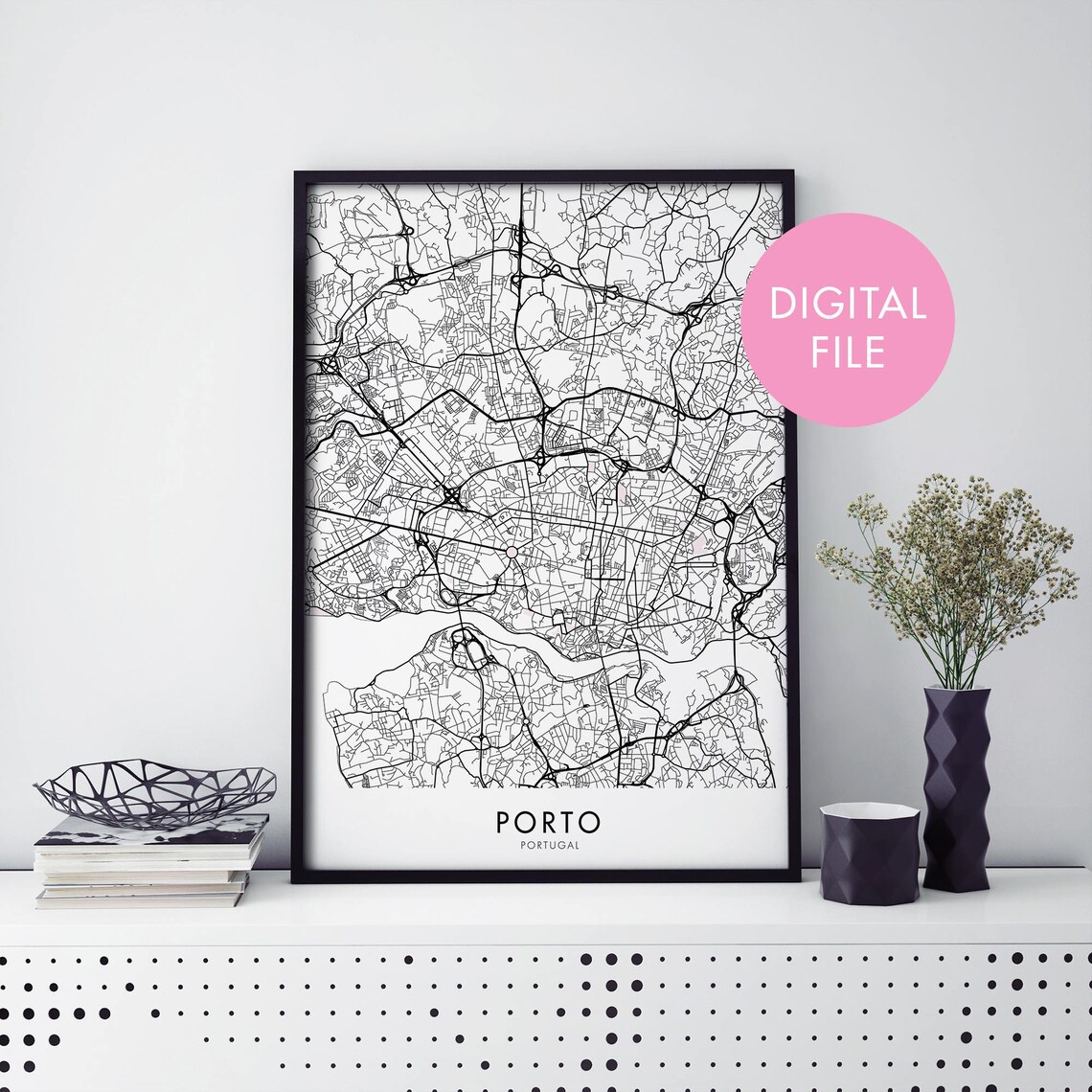 Porto Portugal Black and White Street Map City Poster Digital Download