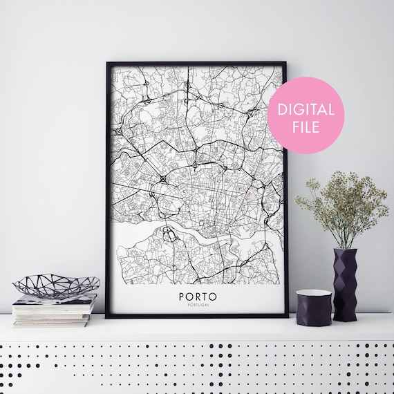 Porto Portugal Black and White Street Map City Poster Digital Download