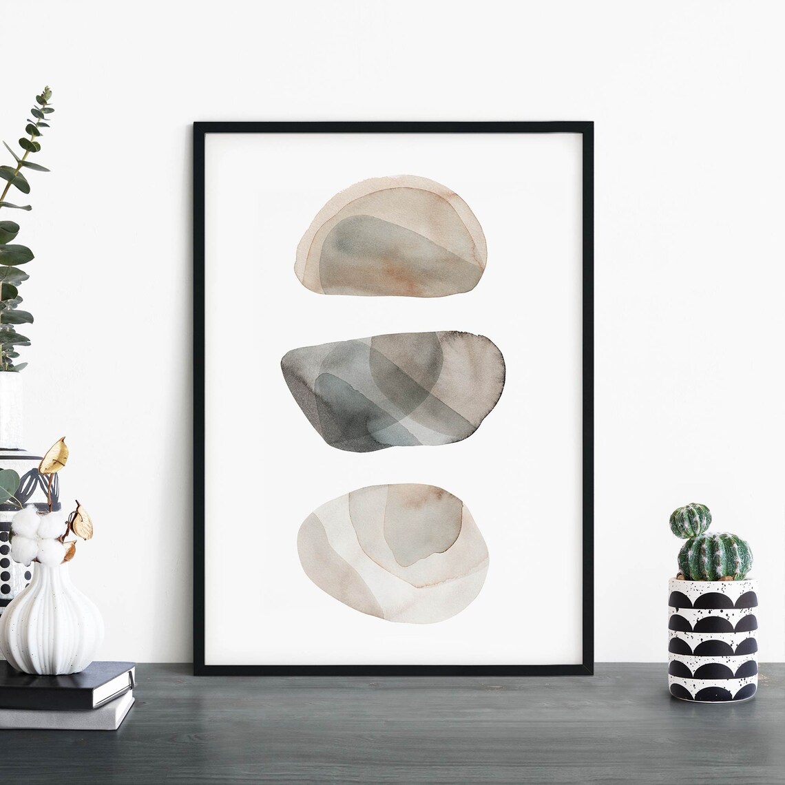 Abstract Watercolor Taupe Sand Stone Trio Neutral Minimalist Art Print