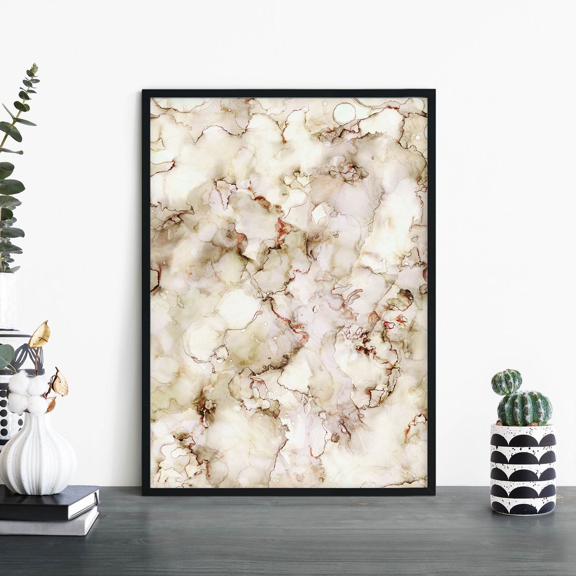 Marbled Ink Beige Abstract Watercolor Texture Modern Wall Art