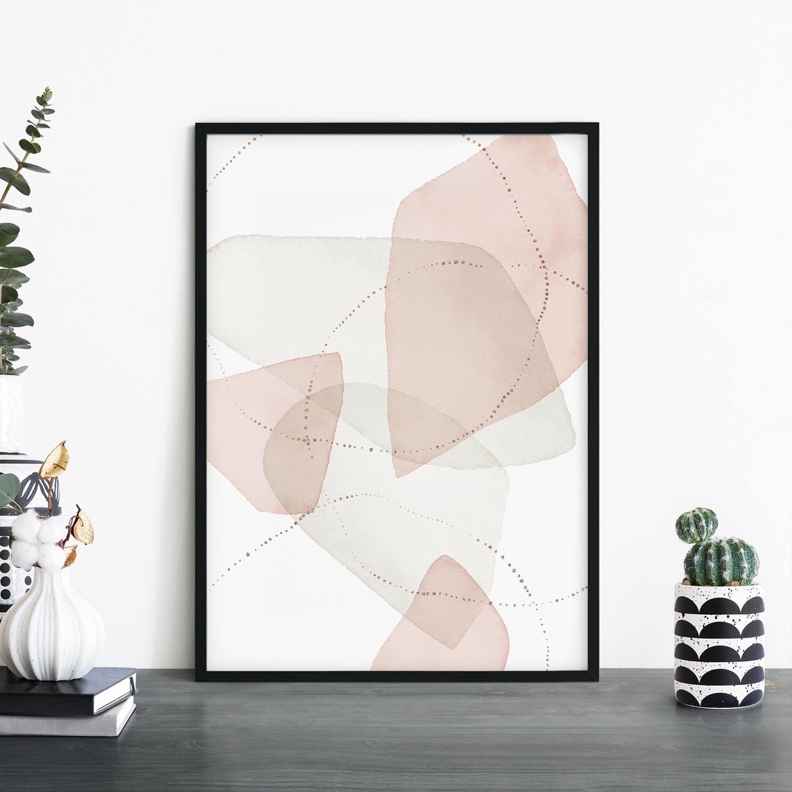Blush Gray Watercolor Shapes Dotted Lines Abstract Art Print
