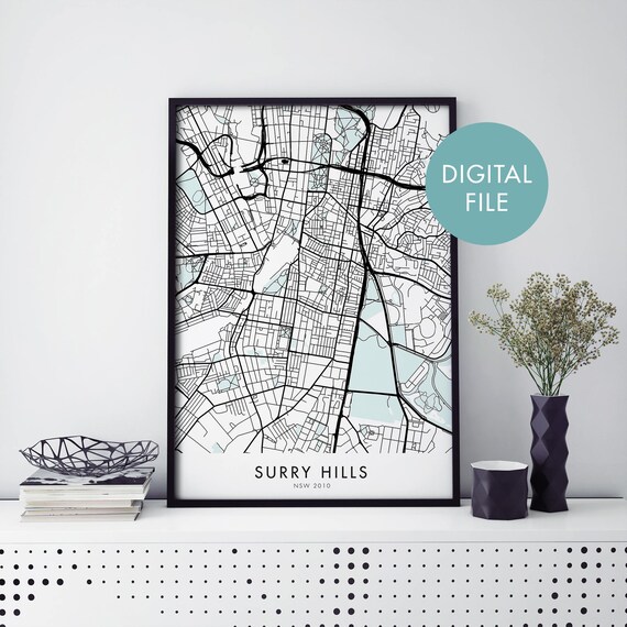 Surry Hills Sydney NSW Minimalist Street Map City Poster Digital Download