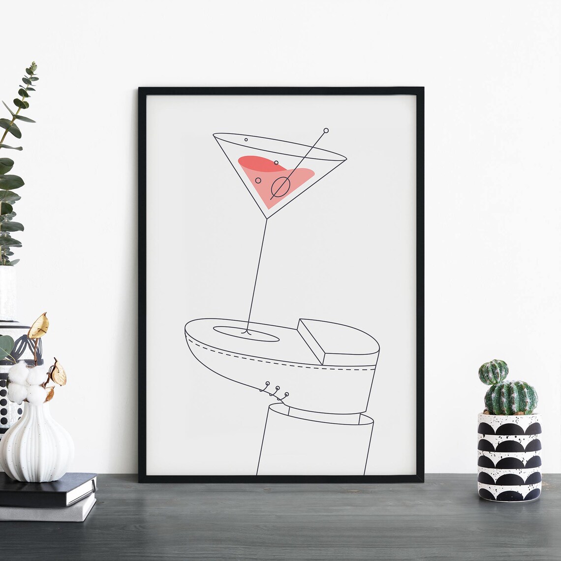 Pink Martini On A Shoe Quirky Line Art Cocktail Print Minimalist Decor