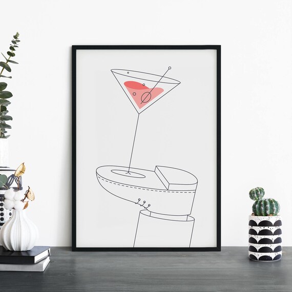 Pink Martini On A Shoe Quirky Line Art Cocktail Print Minimalist Decor