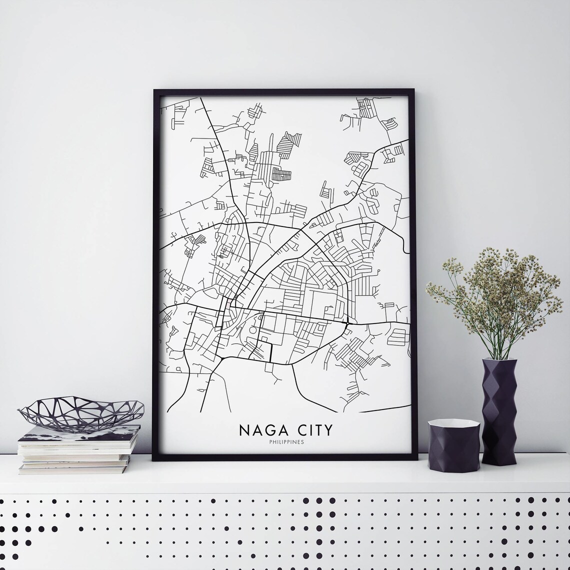Naga City Philippines Minimalist Black White Map Line Art Print