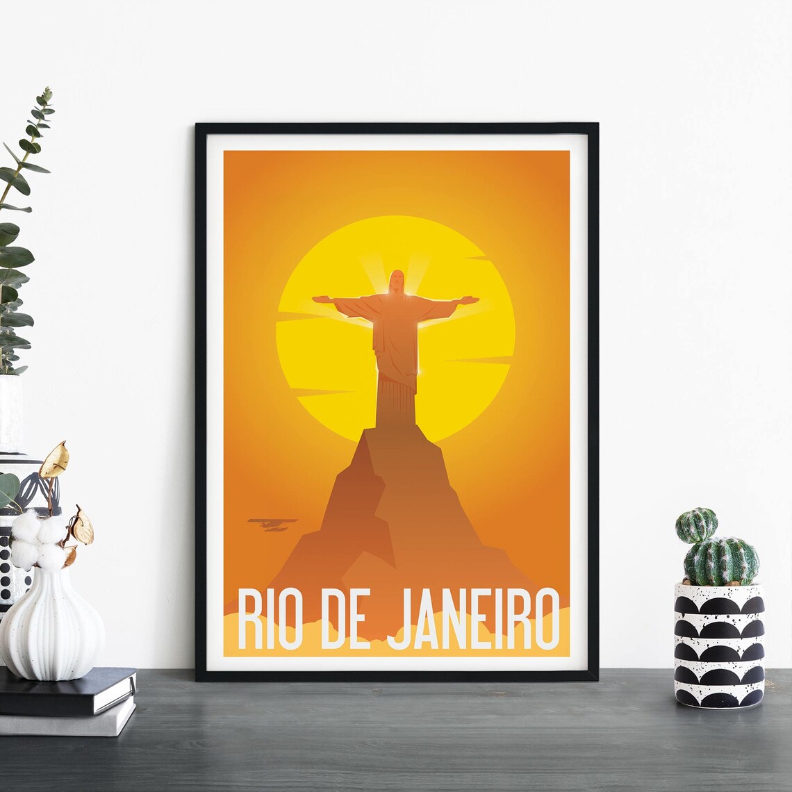 Rio De Janeiro Christ The Redeemer Sunset Orange Illustrative Travel Poster