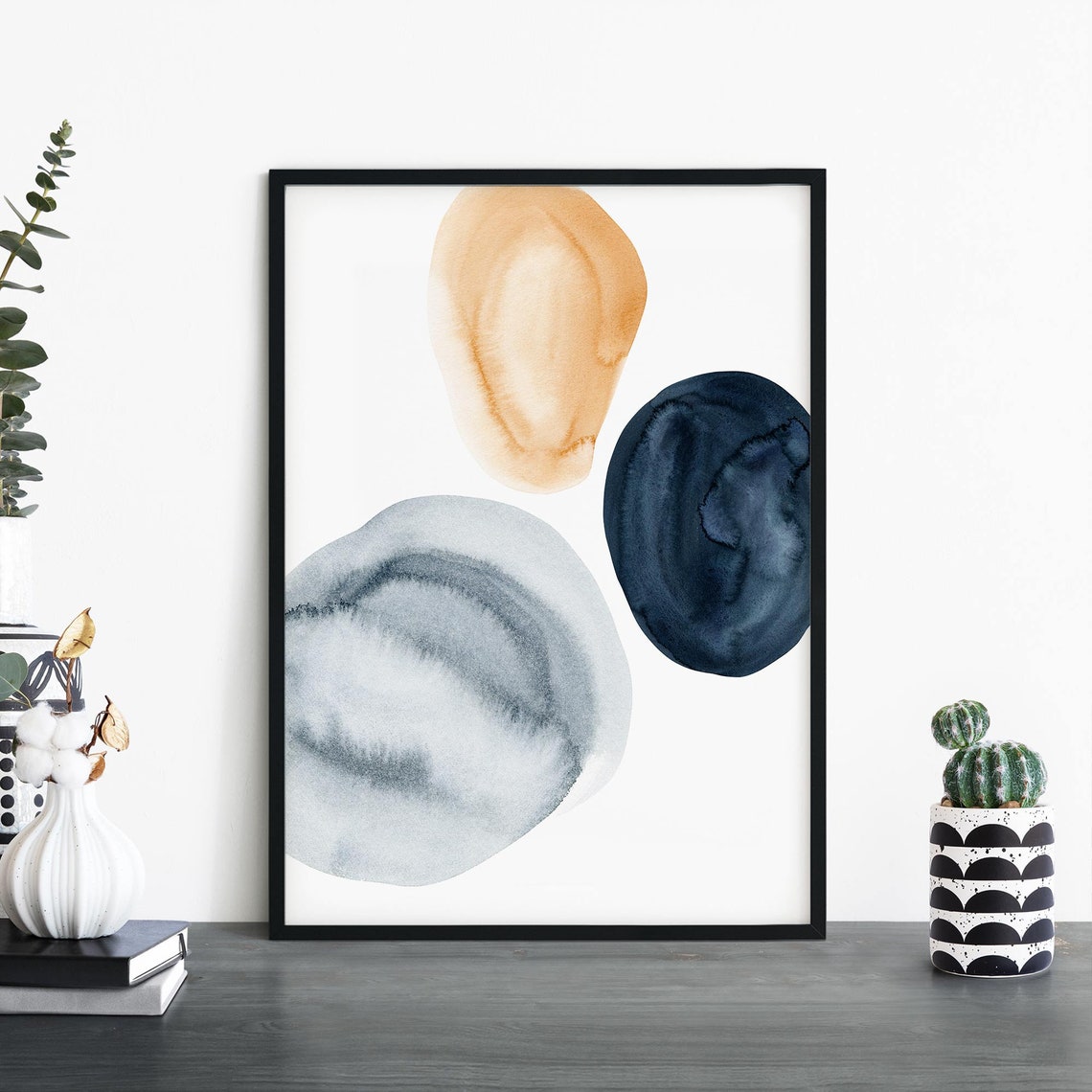 Watercolour Pebble Trio Tan Navy Grey Blue Minimal Abstract Poster