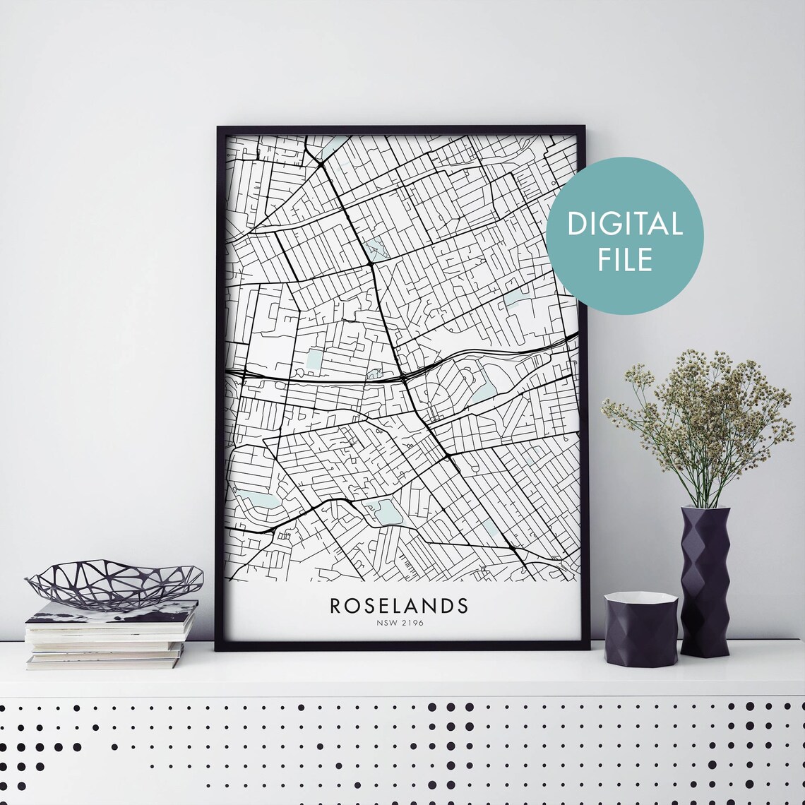 Roselands Sydney Street Map Black White Digital Download Poster