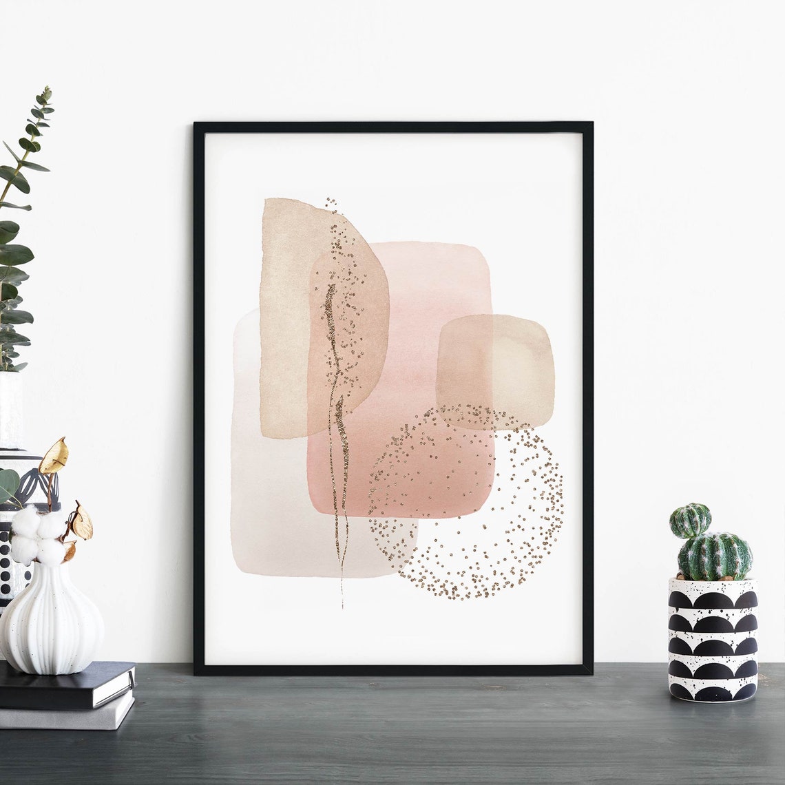 Blush Pink Gold Speckle Watercolor Shapes Abstract Modern Wall Art