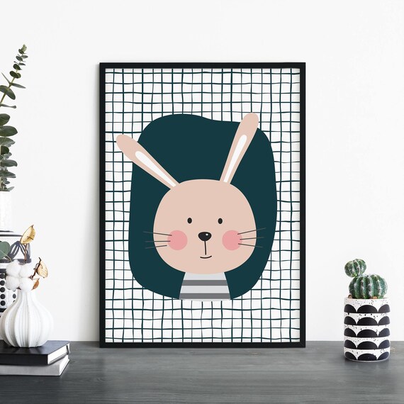 Cute Pink Bunny Rabbit Long Ears Checkered Kids Nursery Wall Art