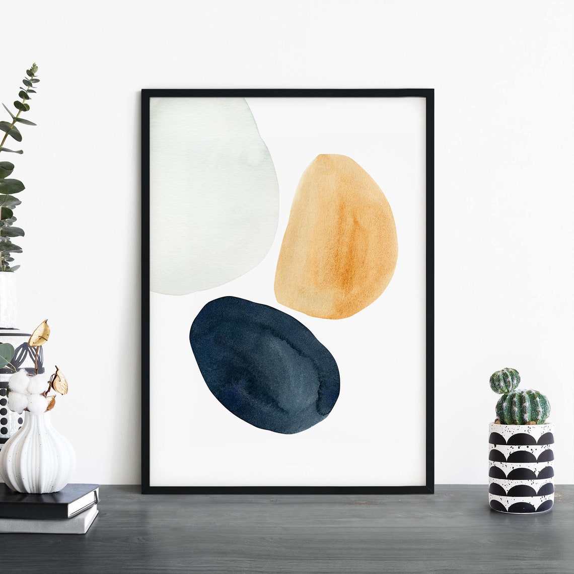Navy Ochre White Watercolor Pebbles Abstract Minimalist Decor Poster