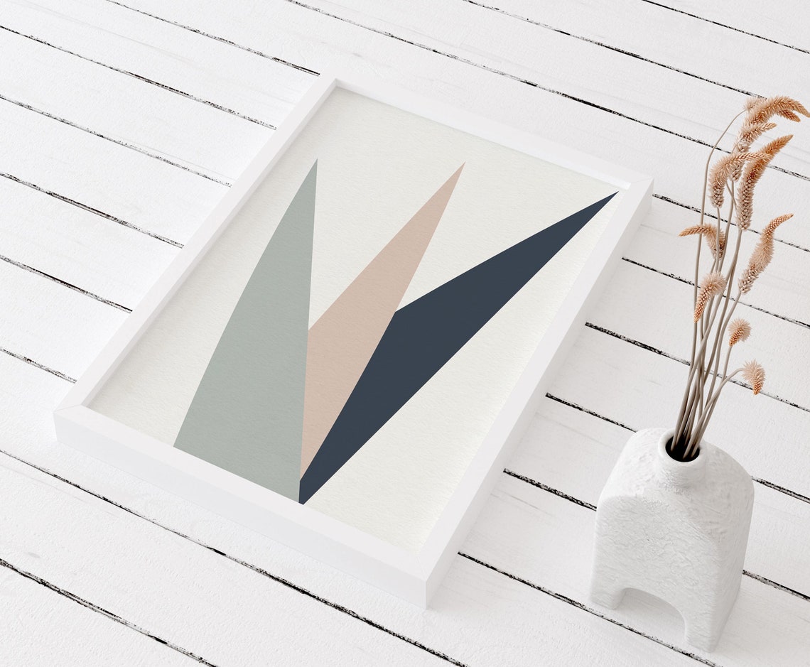 Geometric Triangle Abstract Sage Green Navy Beige Modern Art Poster