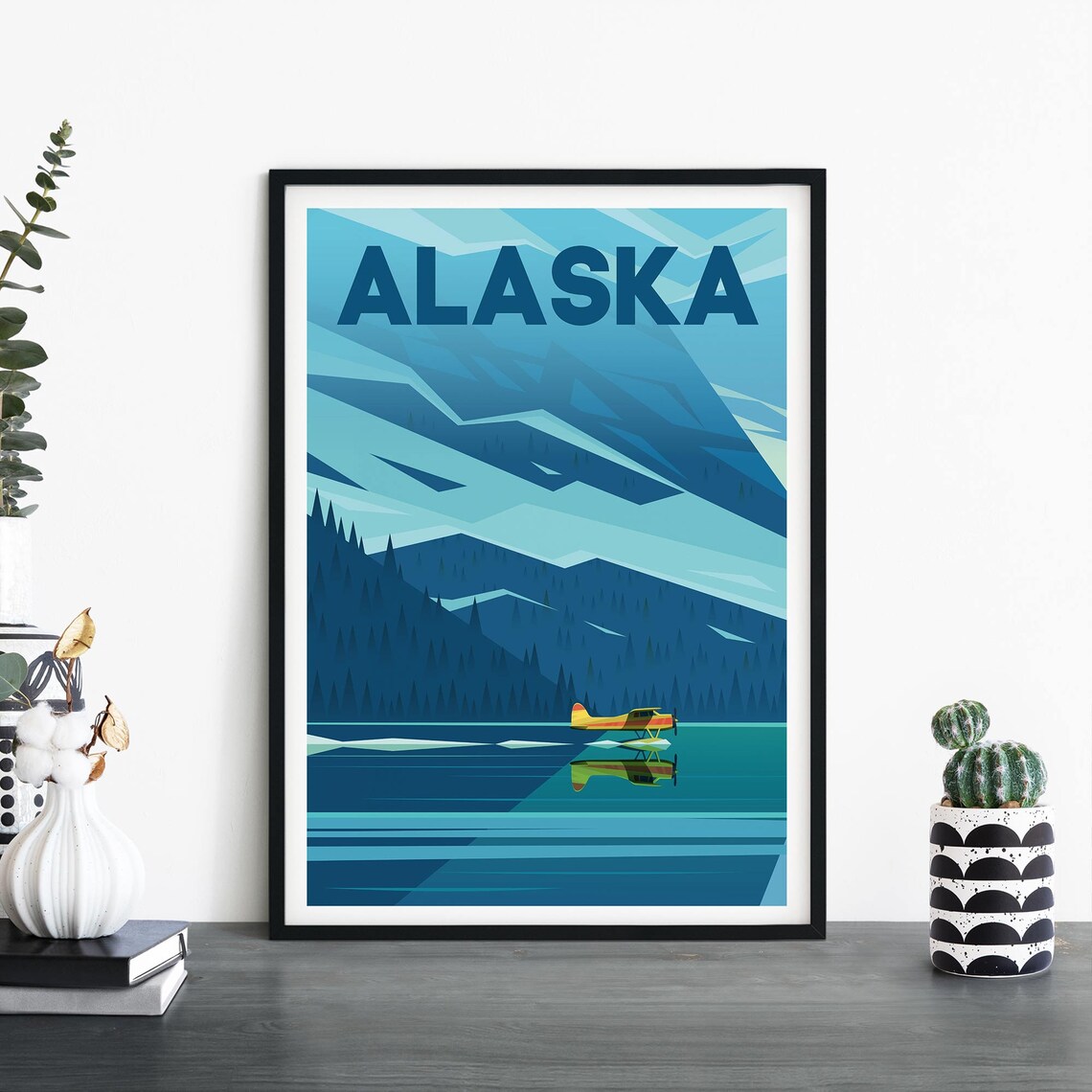 Alaska Floatplane Landing Mountain Lake Geometric Travel Poster