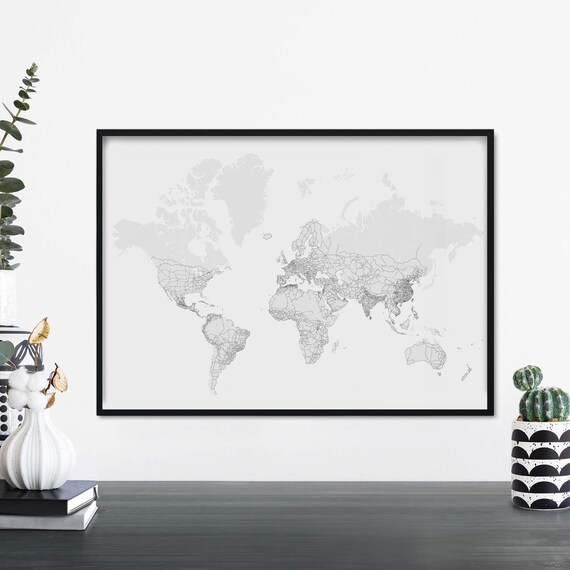 Minimalist Grey World Map Line Art Travel Decor Poster for Home