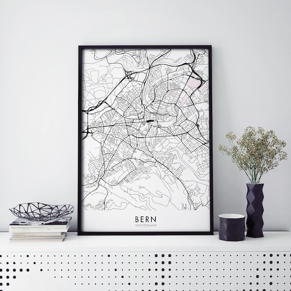 Bern Switzerland Black Minimal Street Map Urban Decor Art Poster