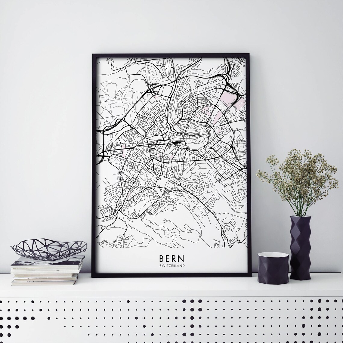 Bern Switzerland Black Minimal Street Map Urban Decor Art Poster