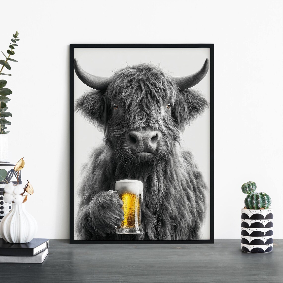Moo Brew Highland Cow Holding Beer Mug Funny Farmhouse Wall Poster
