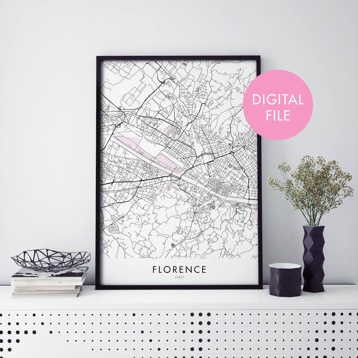 Florence Italy Minimalist Street Map Black Line Art City Travel Poster