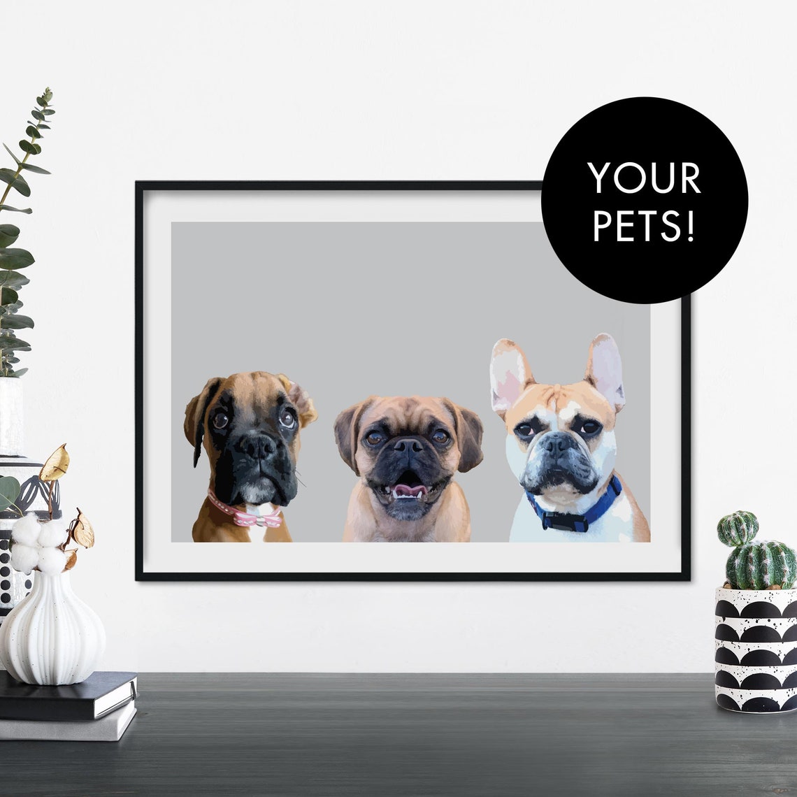 Custom Three Pet Portrait Personalized Dog Painting Gift Art Print