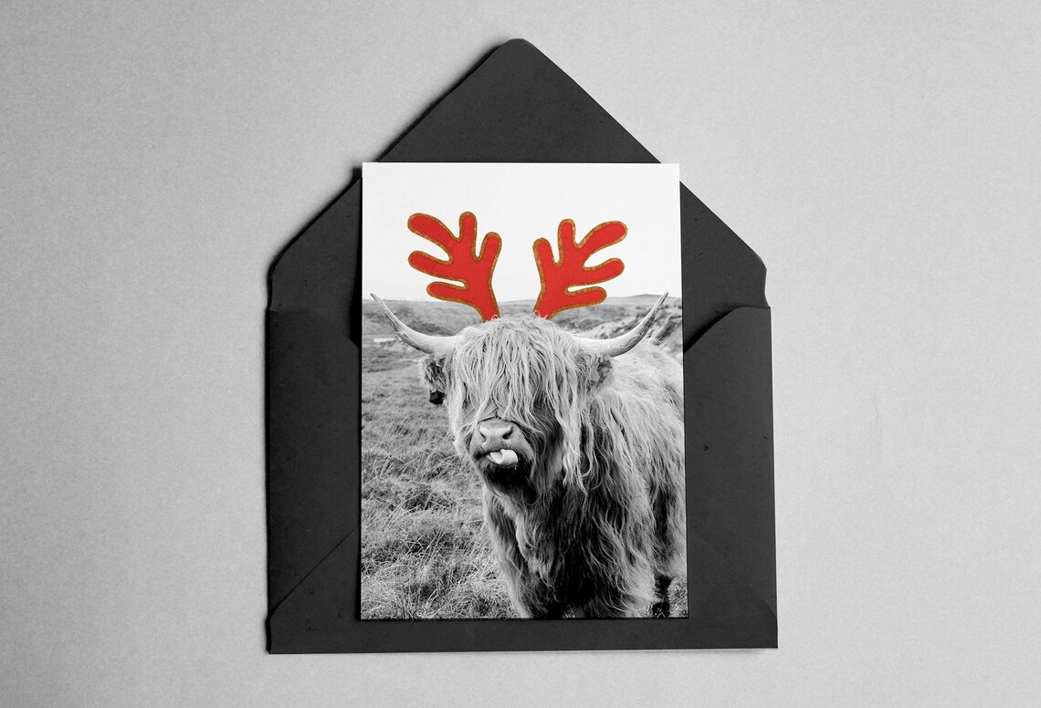 Highland Cow Christmas Card, Black White Holiday Print