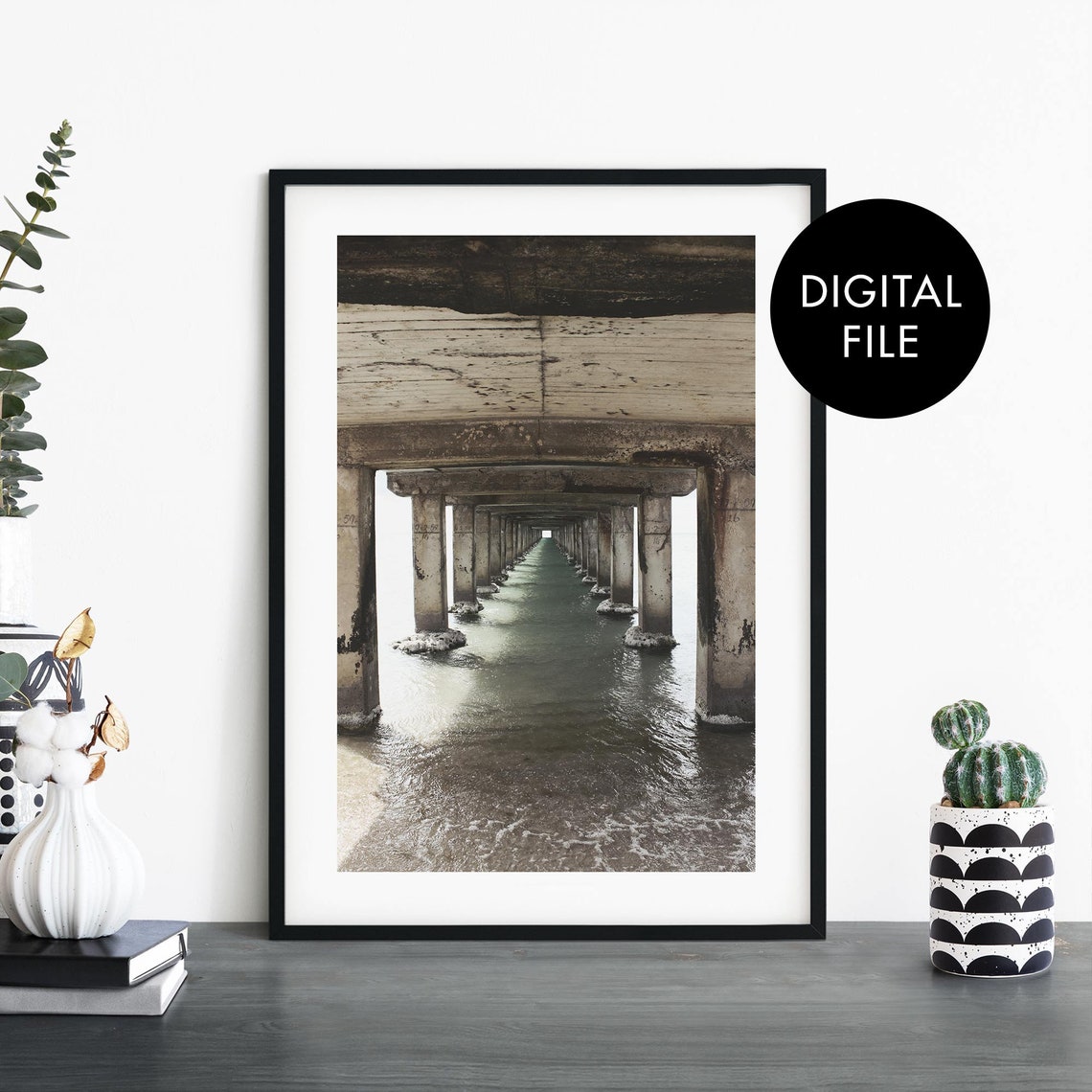 Under the Pier Ocean Pillars Moody Coastal Photography Print