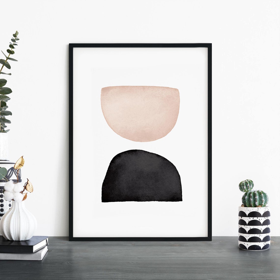 Abstract Blush Black Half Circles Minimalist Modern Watercolor Poster