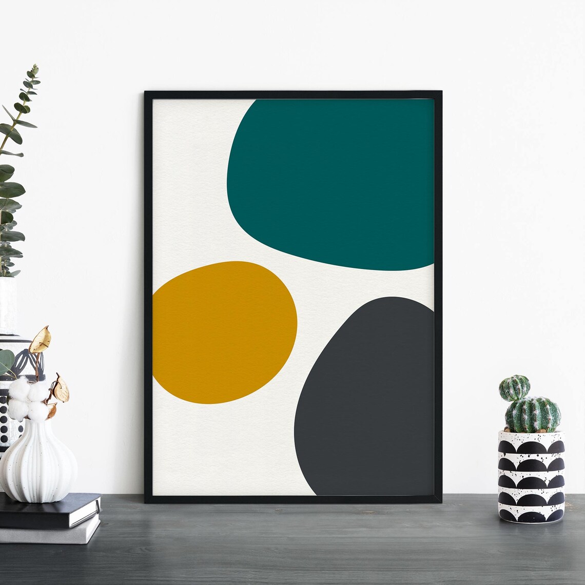 Organic Hues Abstract Shapes Wall Poster In Teal Ochre Charcoal