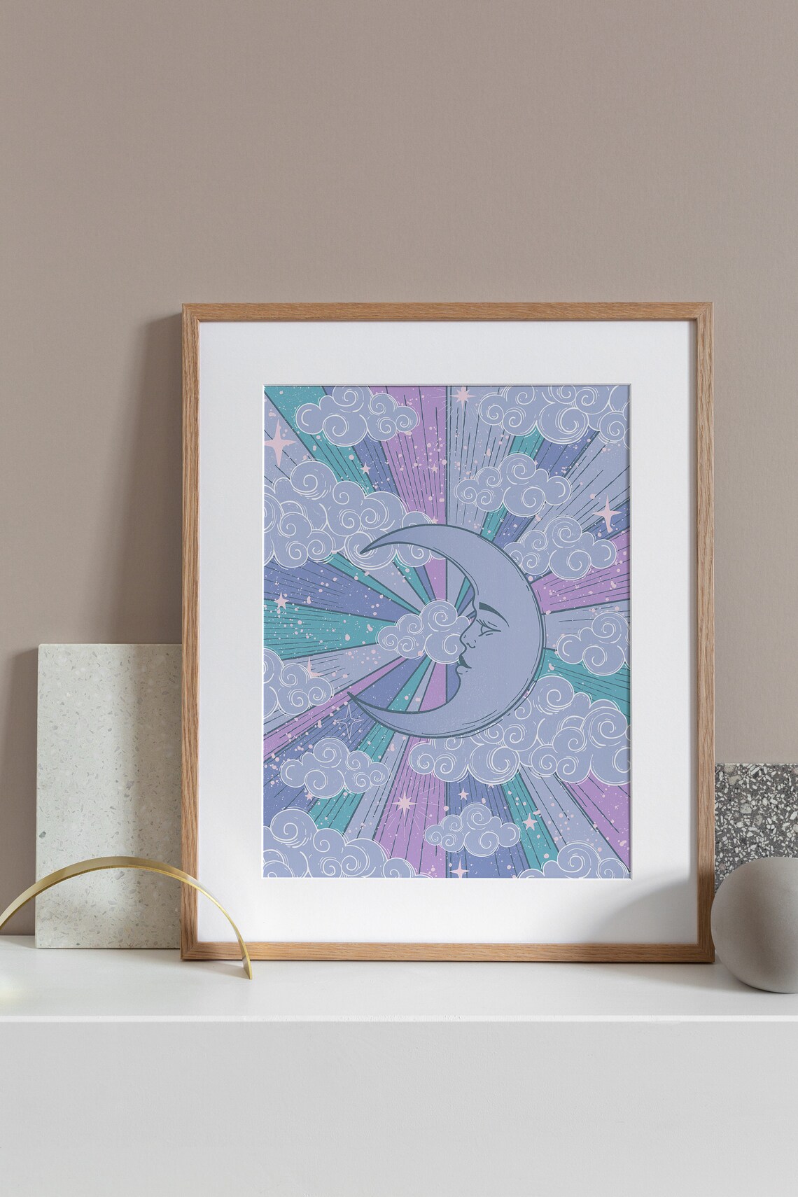 Moon and Stars Retro Celestial Art Print - Image 3