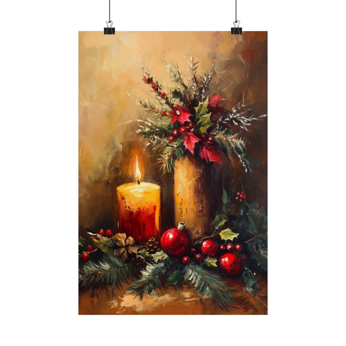 Vintage Christmas Candle Still Life Painting Poster with Holly Decor - Image 2